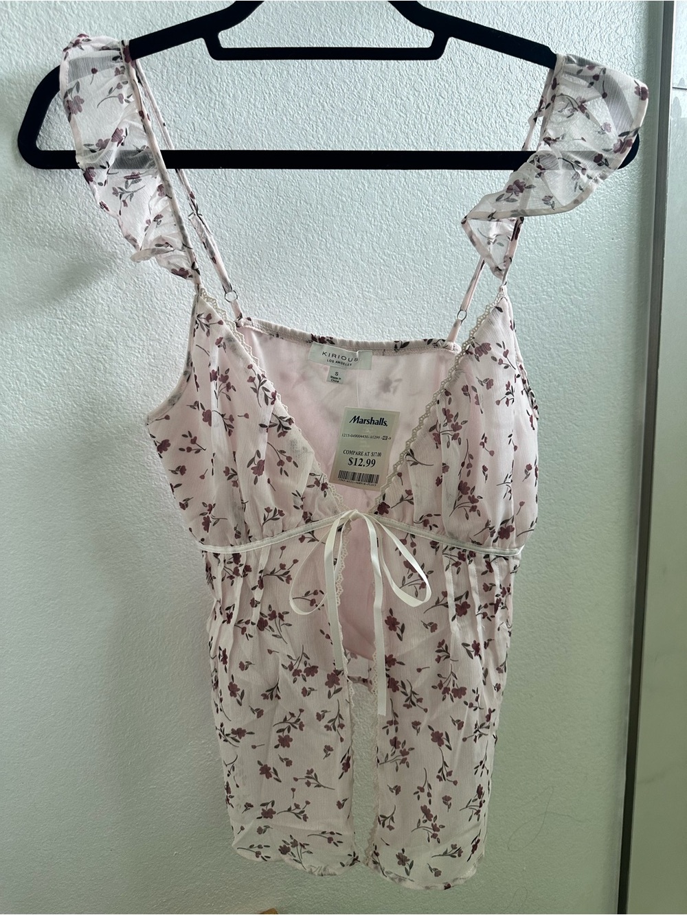 Kirious Light Pink Floral Lace-Trim Ruffle Strap Babydoll Camisole